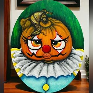 Spooky creepy clown painting oval canvas wall art decor goth art Halloween